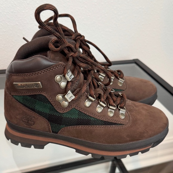 TIMBERLAND Women’s Euro Hiker Brown Leather/Suede & Plaid print Boots Size 8 - Picture 1 of 12